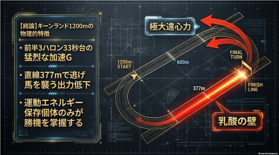 キーンランド競馬場ダート1200mのコース力学図。スタートから第3コーナーまでの助走距離が短く、前半3ハロン33秒台の急加速Gが発生。小回りコーナーの遠心力と砂厚により、直線377mで突如出現する「乳酸の壁」と前崩れ展開の構造図