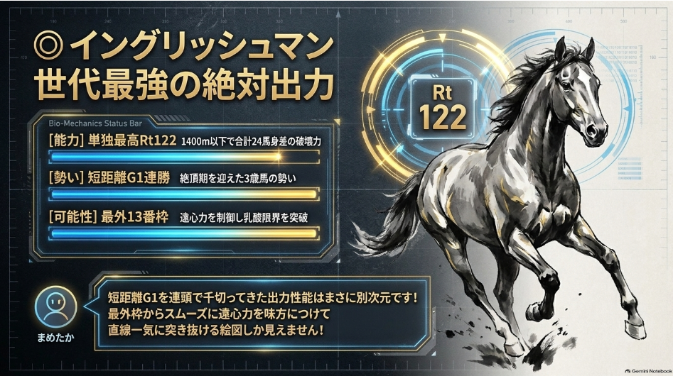 本命◎ 13番 イングリッシュマン（牡3・レーティング122）。短距離G1連勝中で4勝の合計着差は24馬身1/4という絶対出力性能。最外13番枠から被せられずに加速し、1200m短縮で乳酸蓄積を完璧にコントロールする勝ちパターン解説