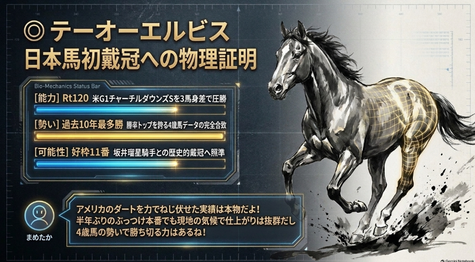 対抗◯ 11番 テーオーエルビス（牡4・レーティング120）。5月の米G1チャーチルダウンズSを3馬身1/4差で圧勝した日本調教馬。好好走傾向の「4歳馬」データに合致し、好枠11番からスムーズに先行押し切りを狙う物理的根拠