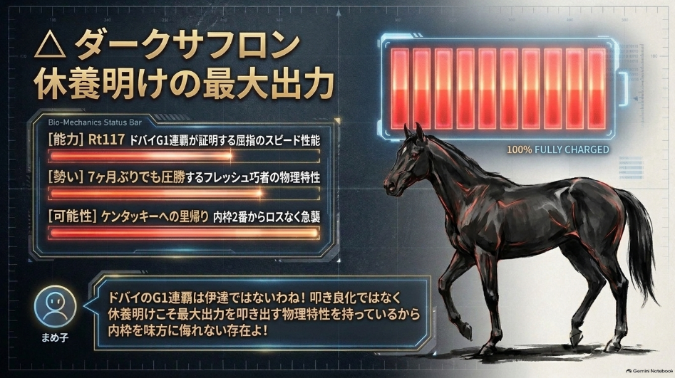 単穴△ 2番 ダークサフロン（セ4・レーティング117）。G1ドバイゴールデンシャヒーン連覇を達成した中東の絶対王者。ケンタッキー産馬の里帰り遠征で、内枠2番からロスのない立ち回りで前残り押し切りを図る仕掛け。