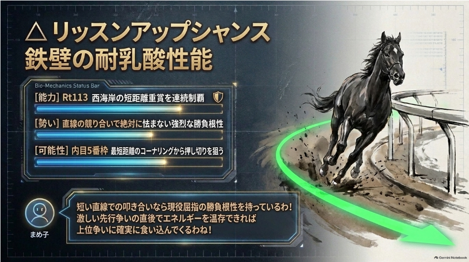 連下△ 5番 リッスンアップシャンス（セ4・レーティング113）。G1ビングクロスビーS連勝中の西海岸短距離覇者。直線の激しい叩き合いで頭を譲らない強烈な耐乳酸性能と勝負根性を備えた粘り馬
