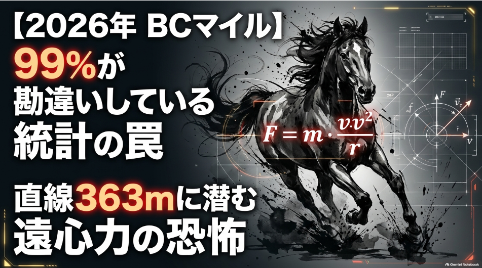 BCマイル2026予想タイトルスライド。漆黒の背景に「キーンランド芝1600mと内枠偏重の罠」のネオン文字と競走馬のシルエットイメージ。
