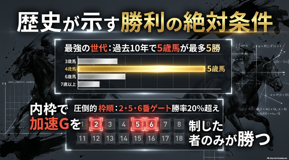 代替テキスト: 過去10年の枠順別成績グラフ。2番・5番・6番ゲートが勝率20%と圧倒的有利である一方、8番ゲートが勝率0%であるデータの偏りを示す画像。