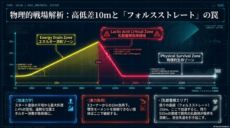 パリロンシャン芝2400mの断面図。高低差10mの上り坂・下り坂とフォルスストレート、直線533mの物理的影響の図解
