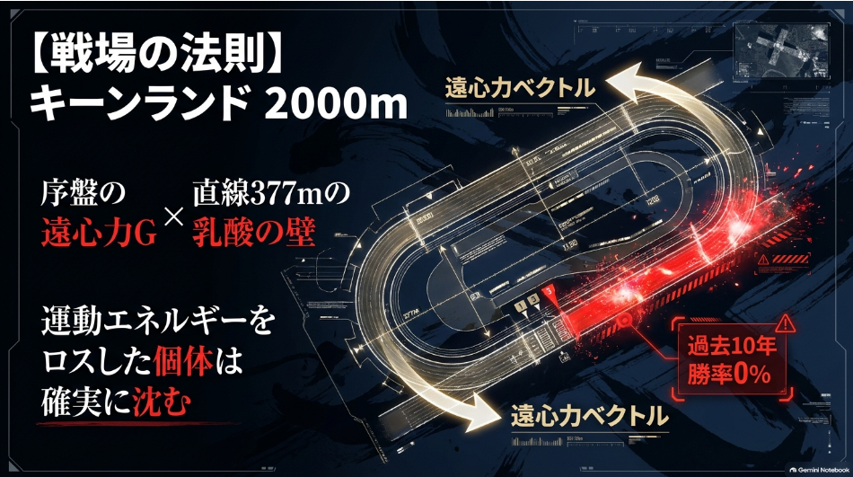 キーンランド競馬場ダート2000mの物理的特徴 スタート直後の遠心力Gと直線377mに立ちはだかる乳酸の壁 内枠過去10年0勝 vs 5番枠勝率20%の統計データ