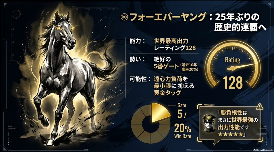 BCクラシック2026予想 本命◎フォーエバーヤング 5枠5番 レーティング128 ジョッキークラブGC快勝 25年ぶり史上2頭目の歴史的連覇へ挑む絶対王者