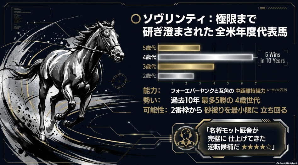 BCクラシック2026予想 対抗◯ソヴリンティ 2枠2番 レーティング125 昨年の全米年度代表馬 ホイットニーS快勝 名将Wモット厩舎の逆襲