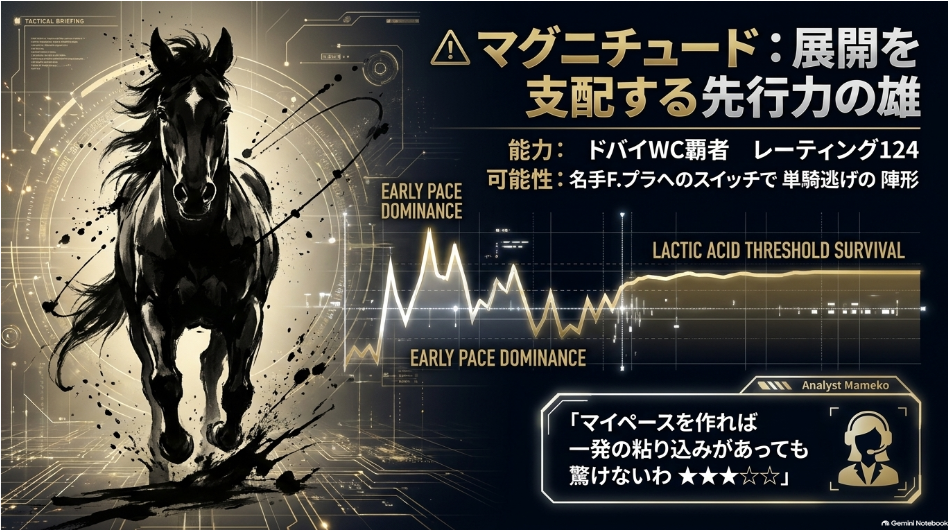 BCクラシック2026予想 連下△マグニチュード 6枠6番 レーティング124 ドバイワールドカップ覇者 名手Fプラ乗り替わりで単騎逃げ再現を狙う鉄壁の盾