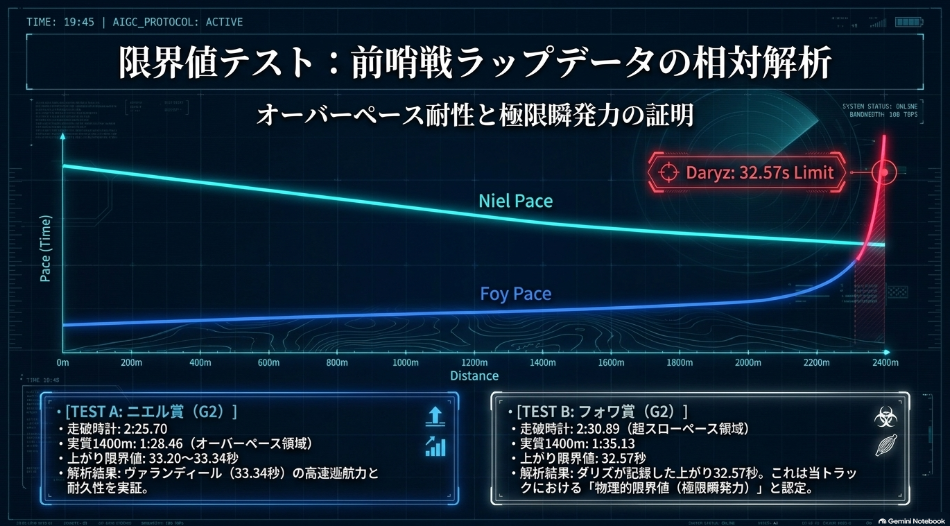 フォワ賞・ニエル賞・ヴェルメイユ賞の集団ラップタイムおよび上がり3ハロンの比較グラフ