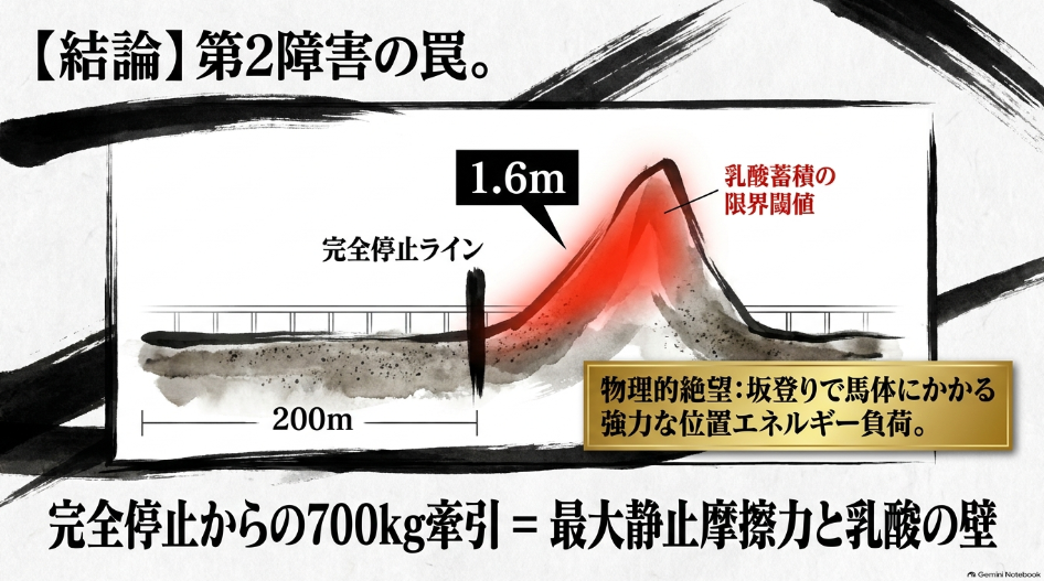 帯広ダート200m直線のコース図解 高さ1.6mの第2障害手前での息入れと完全停止からの最大静止摩擦力 登坂時の位置エネルギーと乳酸蓄積限界閾値の力学解説