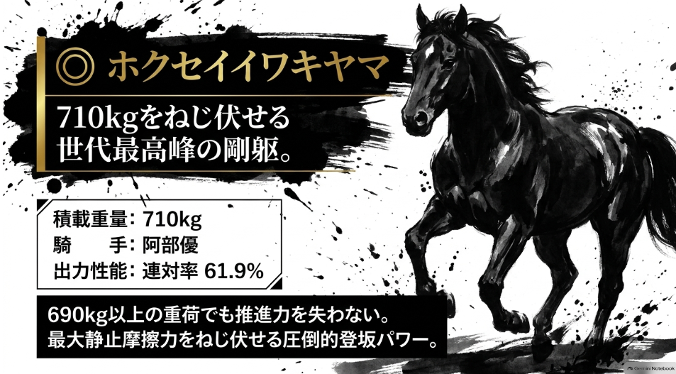 本命◎ ホクセイイワキヤマ(710kg 阿部優作騎手) 古馬重賞で鍛え抜かれた世代屈指の出力性能 通算連対率61.9%の驚異的実績データを記したインフォグラフィック