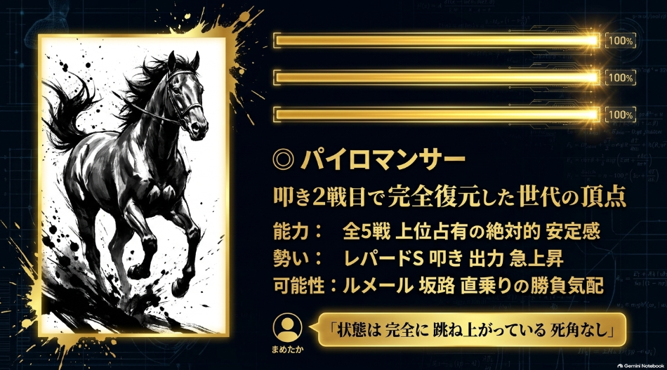  ◎ パイロマンサー 復活の2歳ダート王者 能力：全日本2歳優駿JpnI覇者 全5戦馬券内 勢い：前走レパードS2着を叩かれ馬体増加し上積み絶大 可能性：ルメール騎手が栗東坂路へ直接出張騎乗で勝負気配