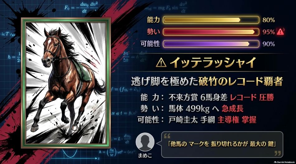 △ イッテラッシャイ 盛岡レコード圧勝の逃げ馬 能力：前走不来方賞JpnIIを2分00秒9のレコードで6馬身差完勝 勢い：破竹の3連勝中 馬体重499kgへ成長 可能性：戸崎圭太騎手手綱で序盤から主導権を握る