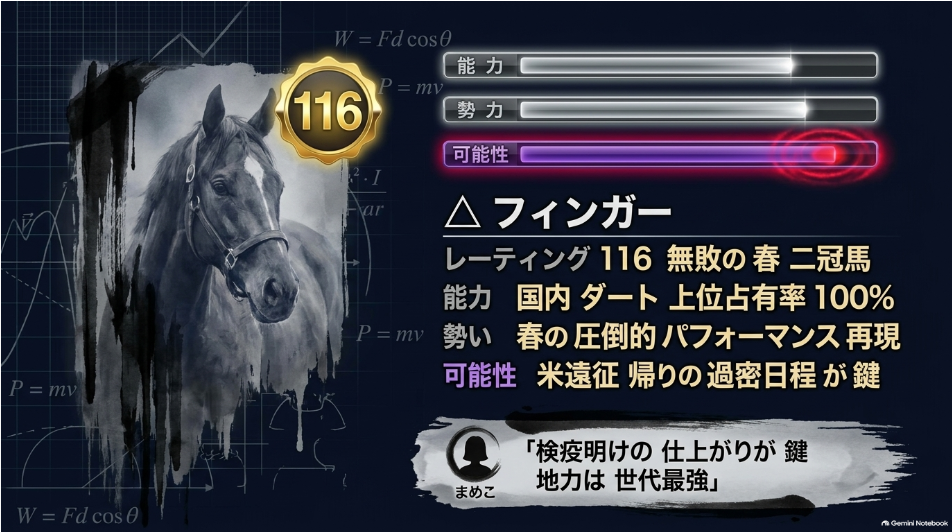  △ フィンガー 無敗の三冠に挑む絶対王者 能力：羽田盃・東京ダービー二冠馬 プレレーティング116最高値 勢い：国内ダート8戦4勝2着4回で連対率100% 可能性：アメリカ遠征帰りの過密日程を乗り越え地力発揮を期す