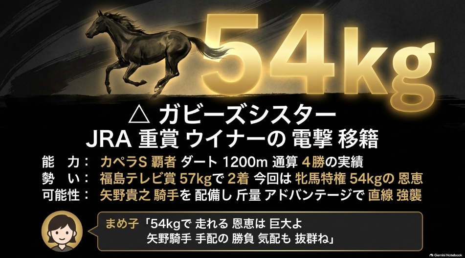 カペラS覇者ガビーズシスターの54kg斤量利。