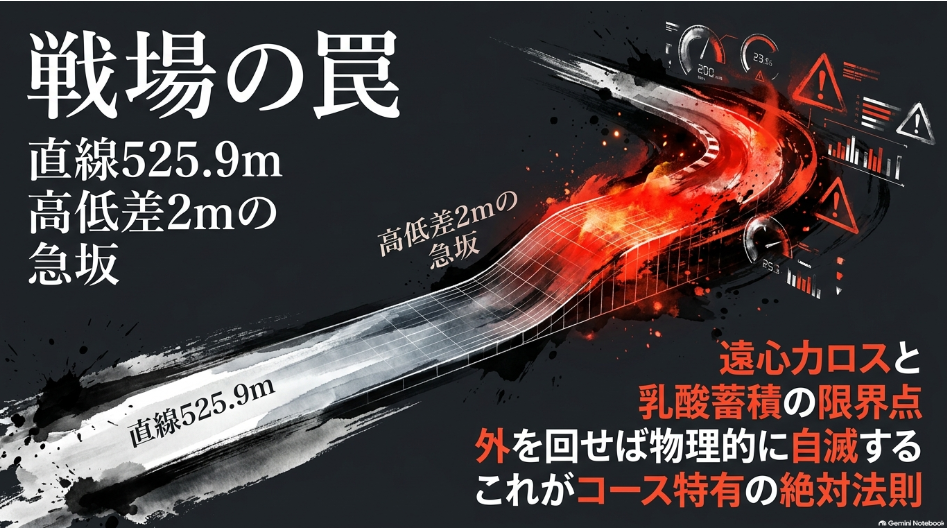 サウジアラビアRC2026スライド2 コース力学解析 直線525.9mと高低差2m急坂による登坂G負荷と乳酸蓄積 開幕2週目内ラチ沿い最短距離の優位性