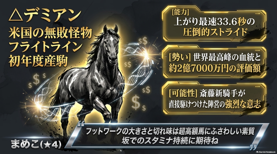 サウジアラビアRC2026スライド5 連下△デミアン 米国無敗怪物フライトライン初年度産駒 2億7000万円の良血 斎藤新騎手父子タッグ