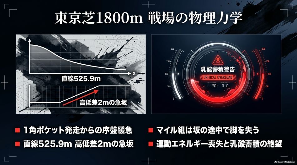 東京競馬場芝1800mのコース断面図と物理的特徴 直線525.9mと残り300m地点の高低差2m急坂による乳酸蓄積の力学解説スライド
アイルランドトロフィー過去10年データ分析スライド 前走ヴィクトリアマイル組が連対率0%に沈む構造的要因と前走連対馬の優位性