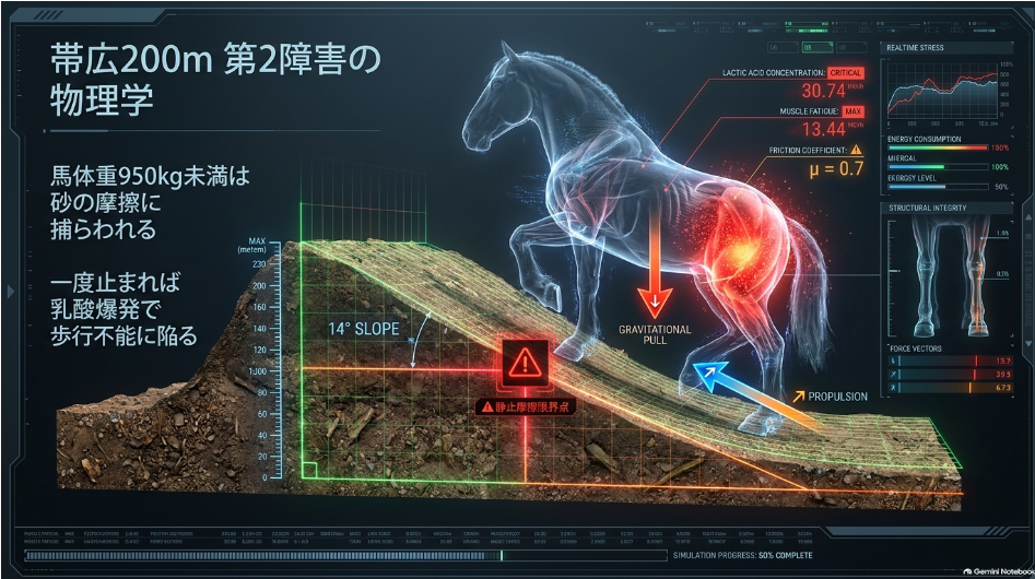 ナナカマド賞2026スライド2 戦場の罠 帯広ダート200m第2障害1.6mで発生する最大静止摩擦力と乳酸蓄積の物理法則 乾燥重馬場1.0%の砂が奪う推進力