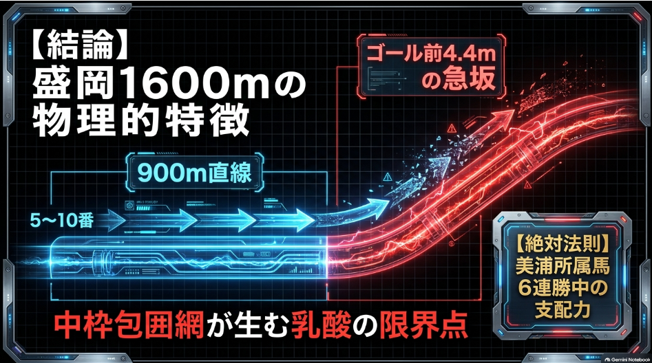 盛岡競馬場ダート1600mコース力学解析 約900m超ロングストレートと下り坂加速G ゴール直前高低差4.4m急坂の登坂トルクと乳酸蓄積の限界図解